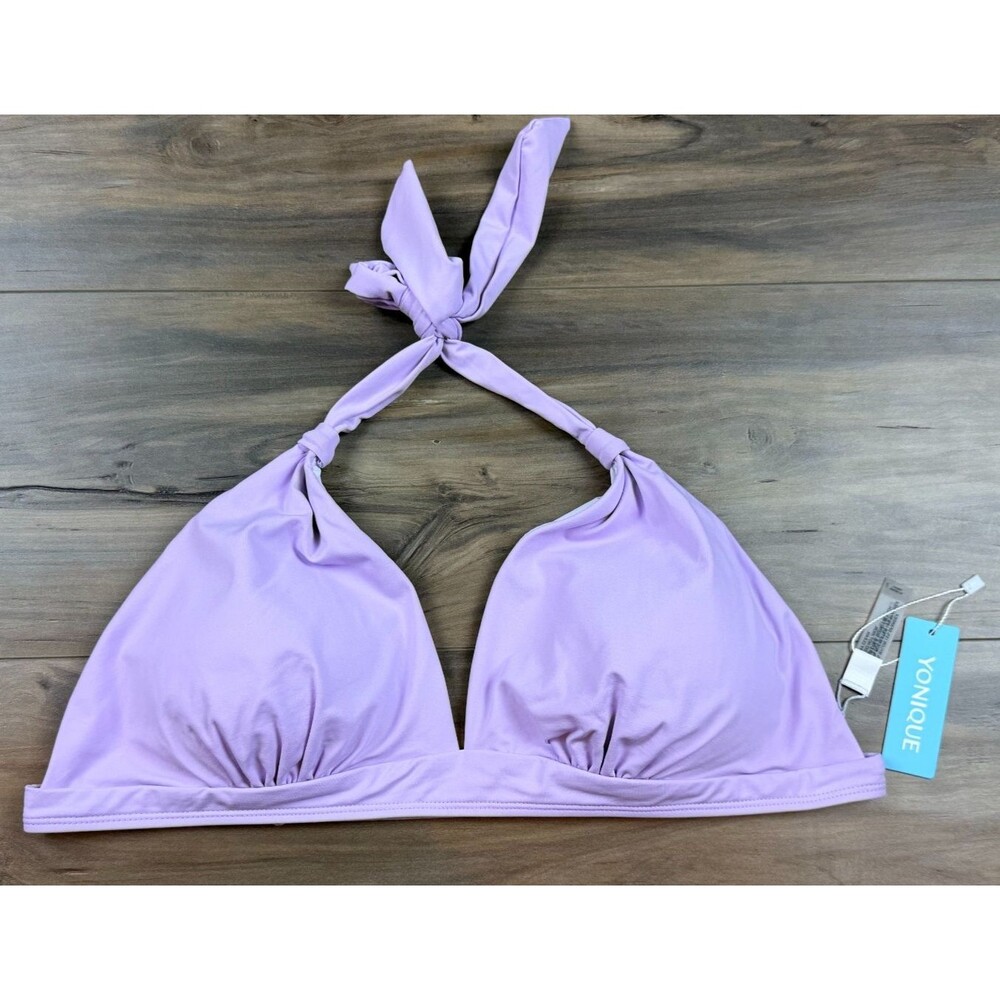 NWT YONIQUE Lavender  Solid Halter Triangle Bikini Swim Top Womens SZ XL